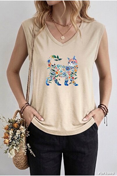 FUFLUNS ΓΥΝΑΙΚΕΙΟ OVERSIZE ΑΜΑΝΙΚΟ T-SHIRT ΜΕ ΣΤΑΜΠΑ ΓΑΤΑ ΑΠΟ ΛΟΥΛΟΥΔΙΑ