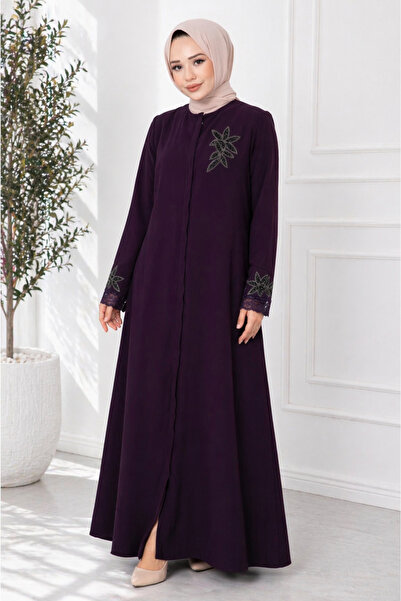 ASTEMİA Women's Floral Detailed Laced Long Sleeve Hijab Ferace Sb0026