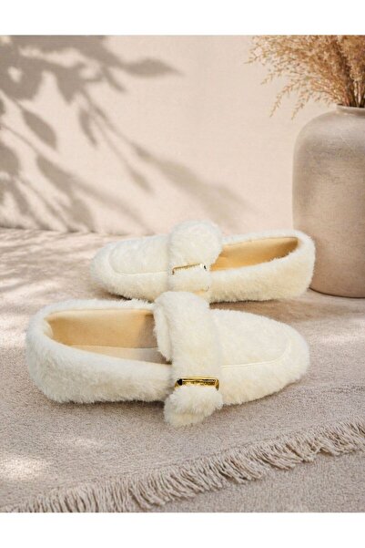 FİORE WOMEN Ecru Plush Gold Buckle Detailed Women's Home Ballerina Shoes
