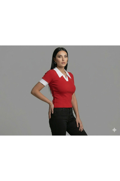 ZIFA Women's Red Short Sleeve Polo Collar Blouse Contrast Color Slim Fit