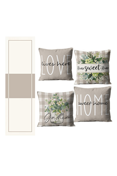 HOMESSA Bej Tonlu Floral ve Yazı Desenli Runner ve 4’lü Kırlent Seti