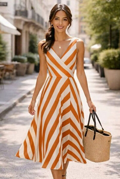 Modayakamoz Νέα σεζόν Γυναικείο φόρεμα μίντι με διπλό γιακά και ρίγες (χωρίς ...