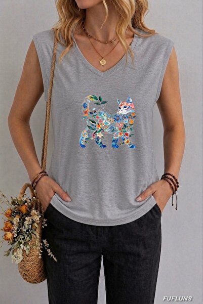 FUFLUNS ΓΥΝΑΙΚΕΙΟ OVERSIZE ΑΜΑΝΙΚΟ T-SHIRT ΜΕ ΣΤΑΜΠΑ ΓΑΤΑ ΑΠΟ ΛΟΥΛΟΥΔΙΑ