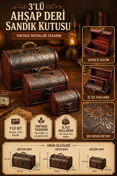 Tamsena Store 3’lü Ahşap Deri Sandık Kutusu Vintage Nostaljik Desenli Dekorat...