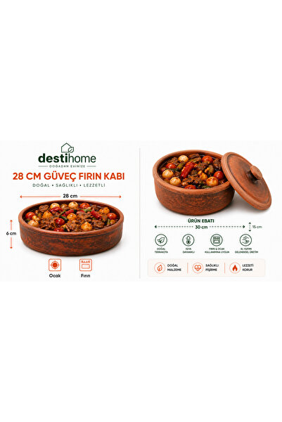DestiHome 2'Li Doğal Elyapımı Ocak Ve Fırın Uyumlu Tava+Güveç(Tava28x6cm)(Güveç30x15cm)