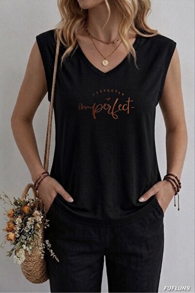 FUFLUNS تي شيرت نسائي بدون أكمام مطبوع عليه PERFECTLY IMPERFECT