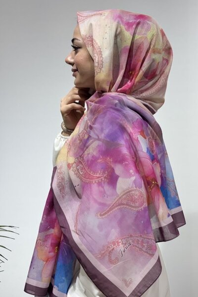 Firuze scarf Ethnic Flower Pattern Purple Color Soft Shawl