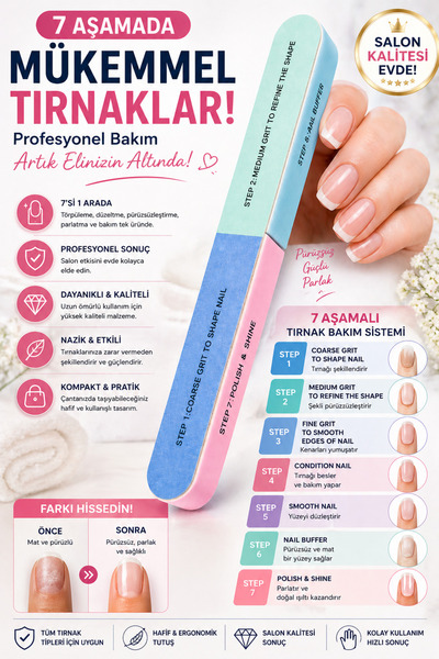 7 Aşamalı Tırnak Törpüsü Parlatıcı Buffer Manikür Bakım Törpüsü Pürüzsüz Parlak Tırnak İçin