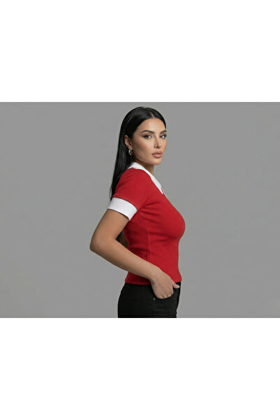 ZIFA Women's Red Short Sleeve Polo Collar Blouse Contrast Color Premium Series