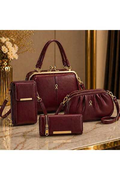 MODAMARKM Πολυτελές Σετ Γυναικείας Τσάντας 4 Τεμαχίων Κόκκινο Βουργουνδίας | ...