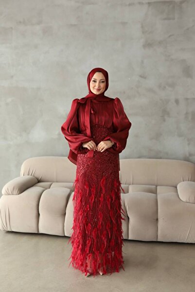 asyadabutik Γυναικείο βραδινό φόρεμα με λεπτομέρεια από σιφόν και φτερά, με φ...