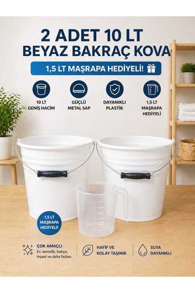 ZİVORA 2 Adet 10 LT Beyaz Bakraç Kova Metal Saplı Plastik Kova 1,5 LT Maşrapa...