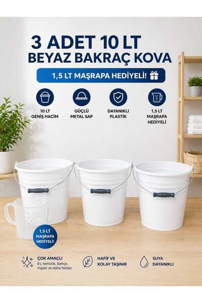 ZİVORA 3 Adet 10 LT Beyaz Bakraç Kova Metal Saplı Plastik Kova 1,5 LT Maşrapa...