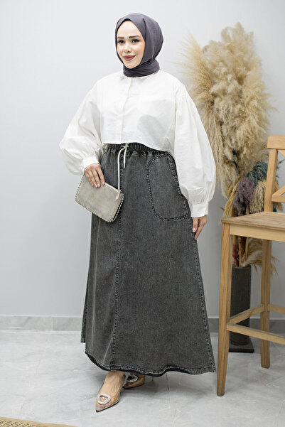 Tesettür Dünyası Τζιν φούστα με τσέπες και ελαστική μέση TSD260175 Ανθρακί