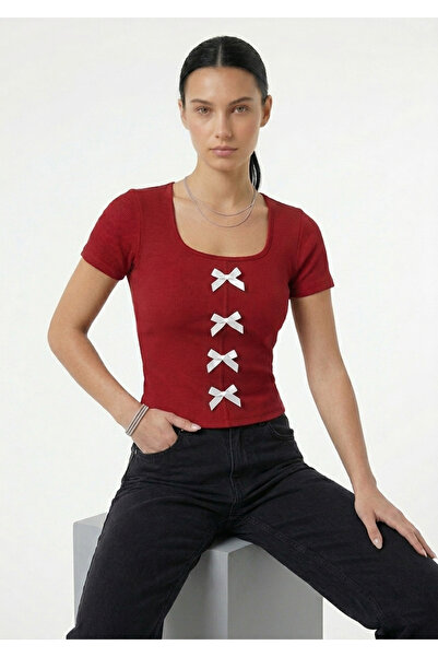 ZIFA Red Square Collar Premium Ribbed Blouse with Four White Bow Detail