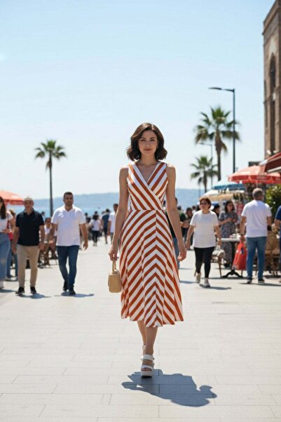 Mossta Φόρεμα κατάδυσης με ριγέ κοψίματα σε σχήμα V - Πορτοκαλί