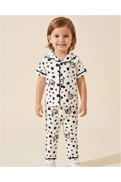 voyyo kids baby Καλοκαιρινό σετ πιτζάμες με στάμπα αγελάδας και διπλό γιακά γ...