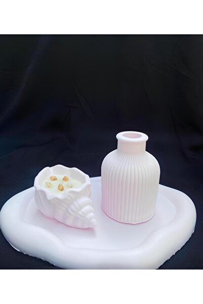 Modern 3'lü Dekoratif Set: Beton Tepsi, Vazo ve İstiridye Mumluk
