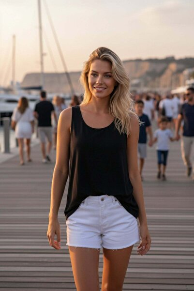 Mossta Μπλούζα από βισκόζη με λεπτομέρεια λωρίδας στην πλάτη - Μαύρο