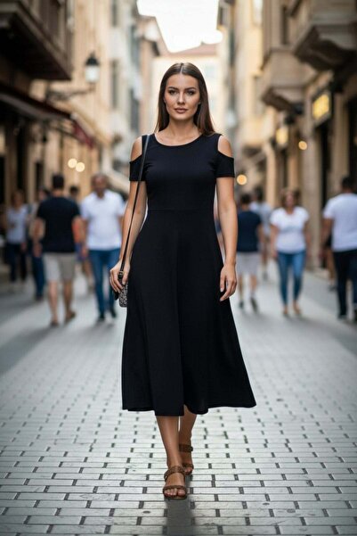 Mossta Φόρεμα μίντι από βισκόζη με ανοιχτούς ώμους - Μαύρο