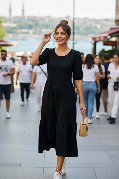 Mossta Κοντομάνικο Φόρεμα Μπαλόνι με Σούρες - Μαύρο