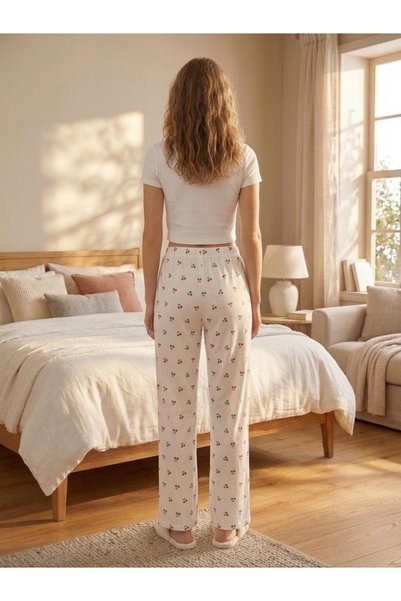 BLUE NIL Women's Cherry Patterned Cotton Thin Breathable Fabric Satin Ribbon Waist Detail Pocketless Women's Pajama Bottoms