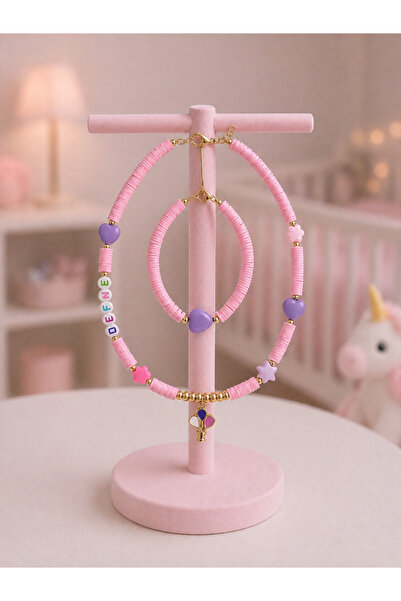 Moonbelle Kız Çocuk İsimli Pembe Boncuk Kolye & Bileklik Seti – Kalp ve Balon...