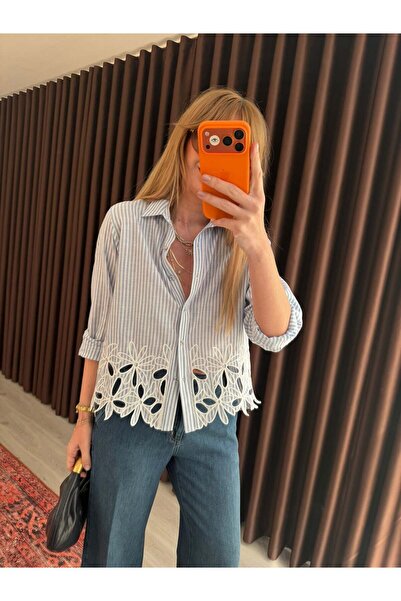 Lavanta Tekstil Πουκάμισο με λεπτομέρειες σε σχέδιο φυλλών και ρίγες