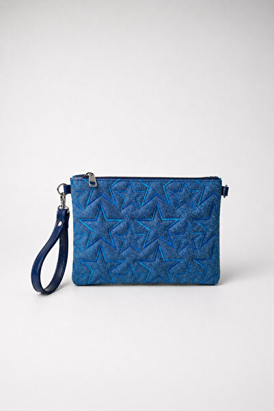 dericom Yıldız Desenli Mavi Simli Kadın Portföy Clutch Çanta