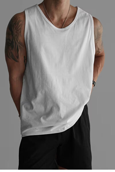 AZIZI TEKSTIL Men's White Regular 100% Cotton Tank Top T-Shirt