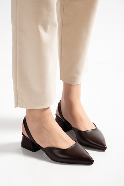 halabi moda Bitter Brown Matte Leather Pointed Toe Short Block Heeled Women's Shoes