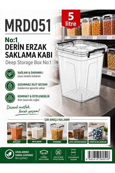 m mienca 5 Litre Derin Erzak Saklama Kabı MRD051 – Kilitli Kapaklı, Sızdırmaz...