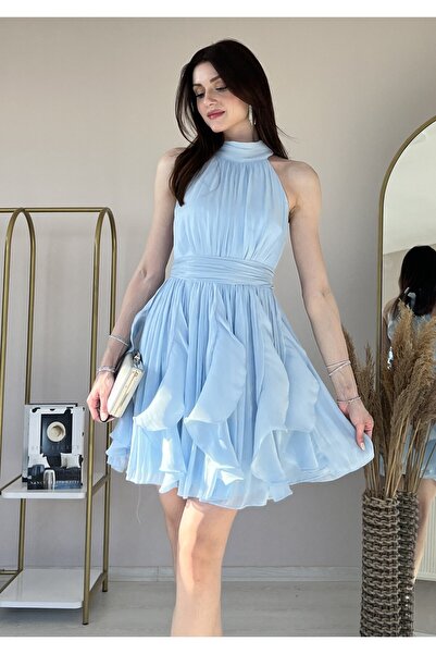 Klex Women's Halter Neck Layered Chiffon Mini Evening Dress 6072