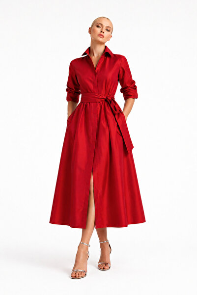 UNTIMELY Belted Midi Length Red Taffeta Shirt Dress