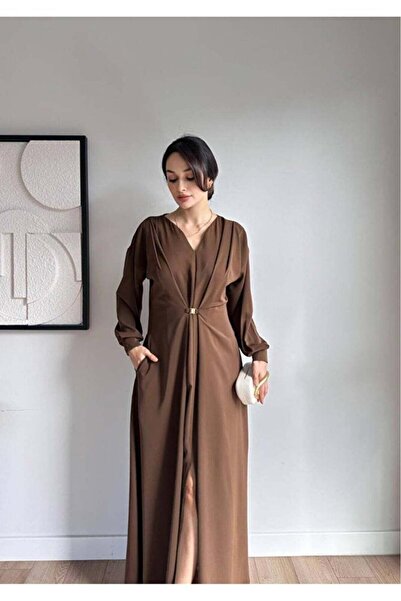 Klex Uzun Kollu Metal Tokalı Yırtmaçlı Maxi Elbise 5138