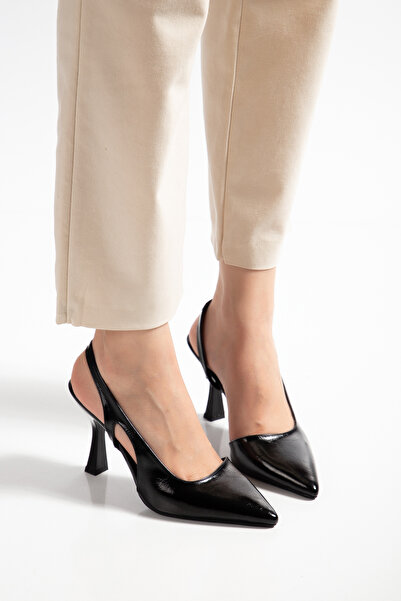 halabi moda Pantofi stiletto de damă din piele lacuită neagră, rustică, cu to...