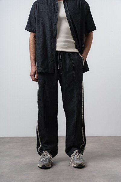 Respire Ανδρικό τζιν παντελόνι με λεπτομέρεια ρίγες, μαύρο