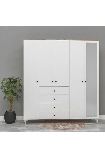marangozhaneden 5 Kapılı 4 Çekmeceli Aynalı Gardırop Mdf
