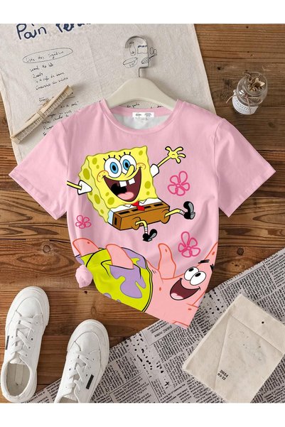 genosha Girl's Spongebob Printed T-Shirt - 100% Cotton Colorful Fun T-Shirt (Pink)