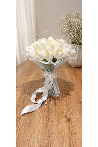 BridalTeam İncili Tüllü Lale Gelin çiçeği 18+1 Damat yaka çiçeği ile birlikte