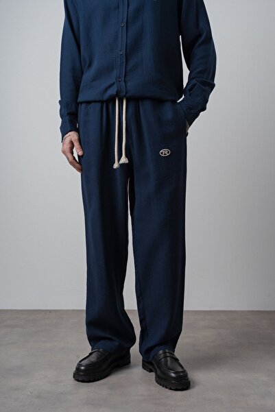 Respire Men's R Embroidered Muslin Baggy Trousers Navy Blue