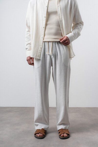 Respire Ανδρικό παντελόνι R με κέντημα, φαρδιά γραμμή, λευκό