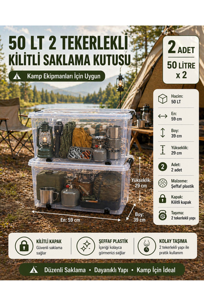 ZİVORA 2 Adet 50 LT Tekerlekli Kilitli Ev Mutfak ve Kamp Saklama Kutusu Şeffa...