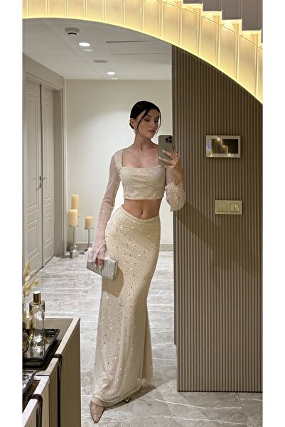 Klex Taş Detaylı Uzun Etek Crop Bluz Takım 2071