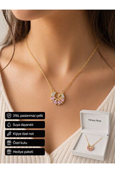 HER ŞEY NOTA www.herseynota.com Pink Stone Butterfly Moon Star Necklace Gold ...
