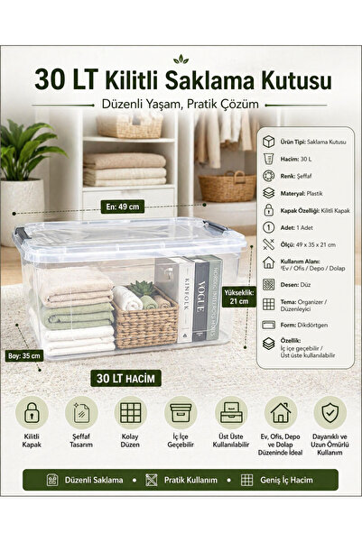 ZİVORA 1 Adet 30 LT Kilitli Saklama Kutusu Şeffaf Plastik Kapaklı Organizer D...