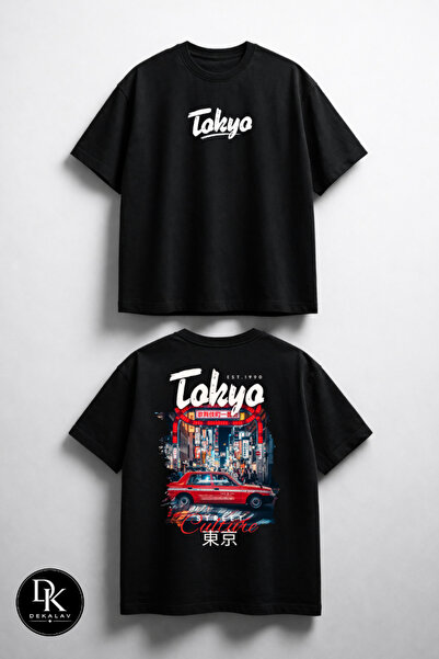 Unısex Erkek/Kadın Tokyo Özel Baskılı Oversize Pamuklu Bisiklet Yaka T-Shirt