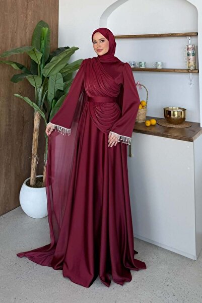 Şulemoda Giyim Βραδινό φόρεμα Alara με λεπτομέρεια στα μανίκια, μπορντό