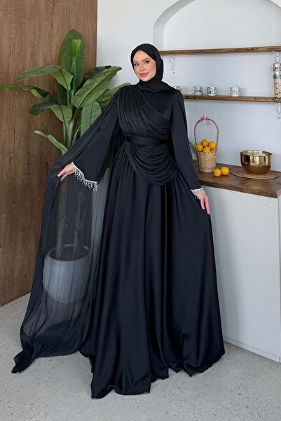 Şulemoda Giyim Alara Sleeve Detail Evening Dress Black