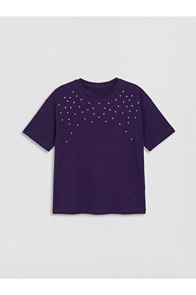 LC Waikiki Tricou pentru fete LCW Kids cu decolteu rotund și broderie cu pietre